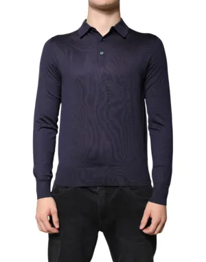 Dark Blue Silk Collared Pullover Sweater