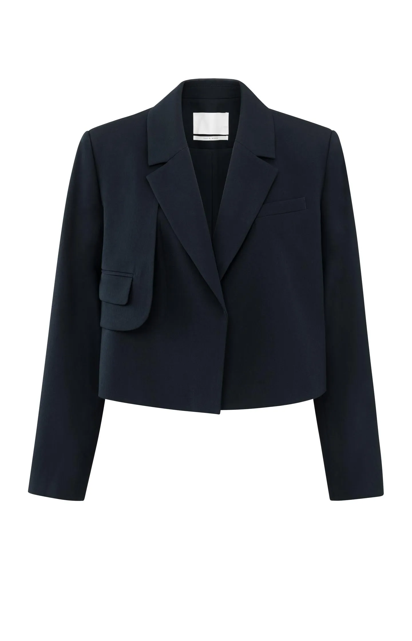 Dark blue woven cropped blazer with unique pocket detail