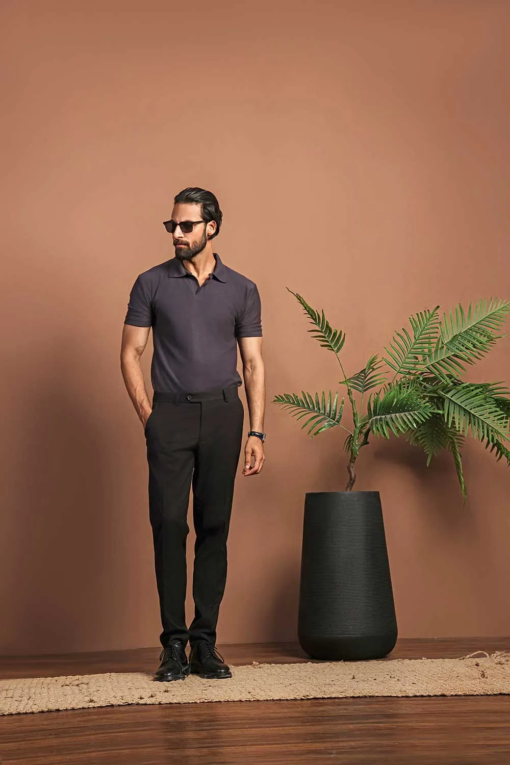 Dark Grey Plisse Johnny Collar Polo