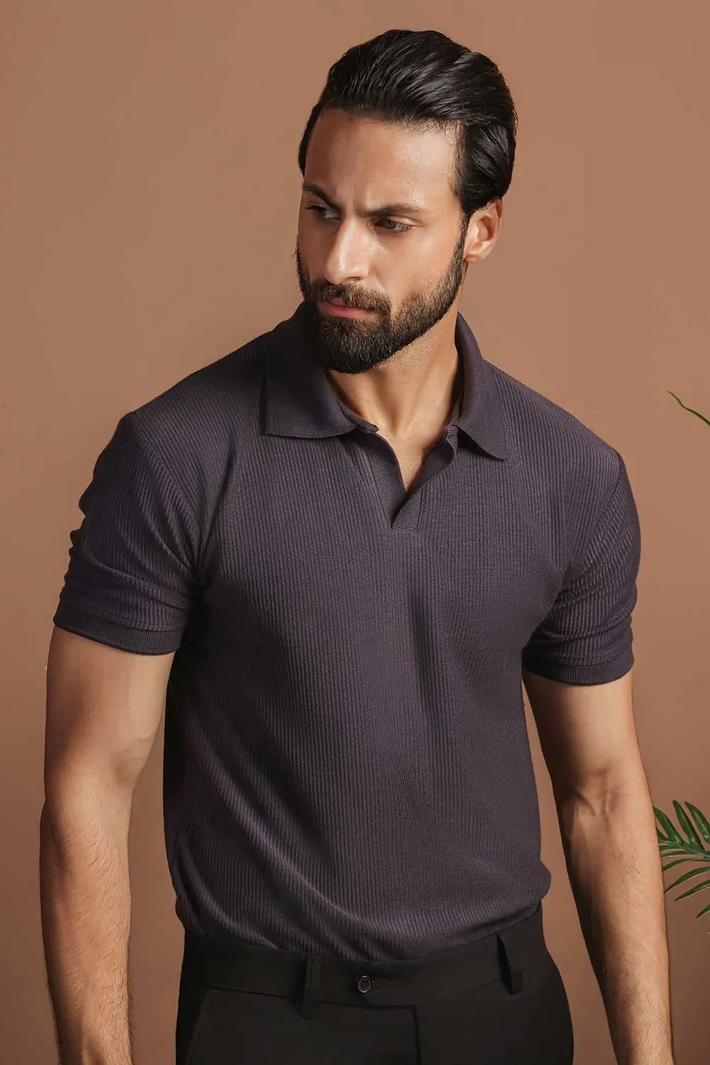 Dark Grey Plisse Johnny Collar Polo