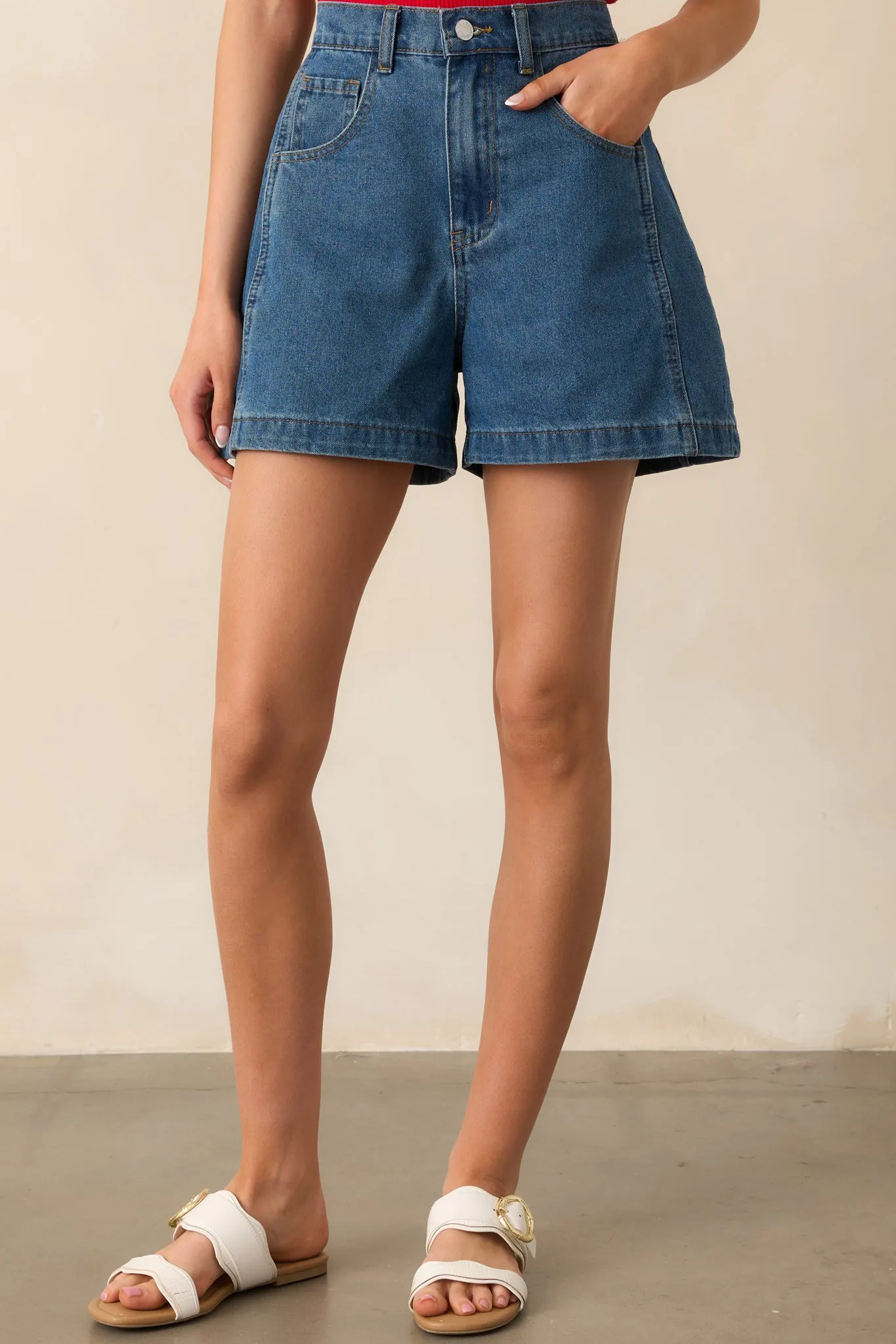 Doing It My Way Dark Wash Cotton High Waisted Denim Shorts