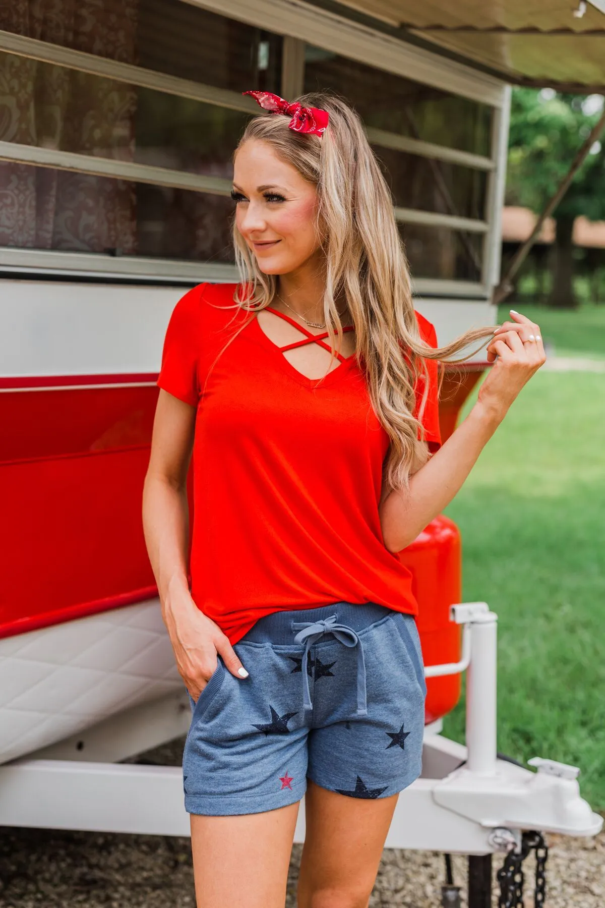Drawstring Star Lounge Shorts- Light Navy