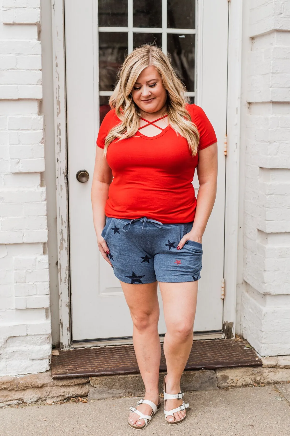 Drawstring Star Lounge Shorts- Light Navy