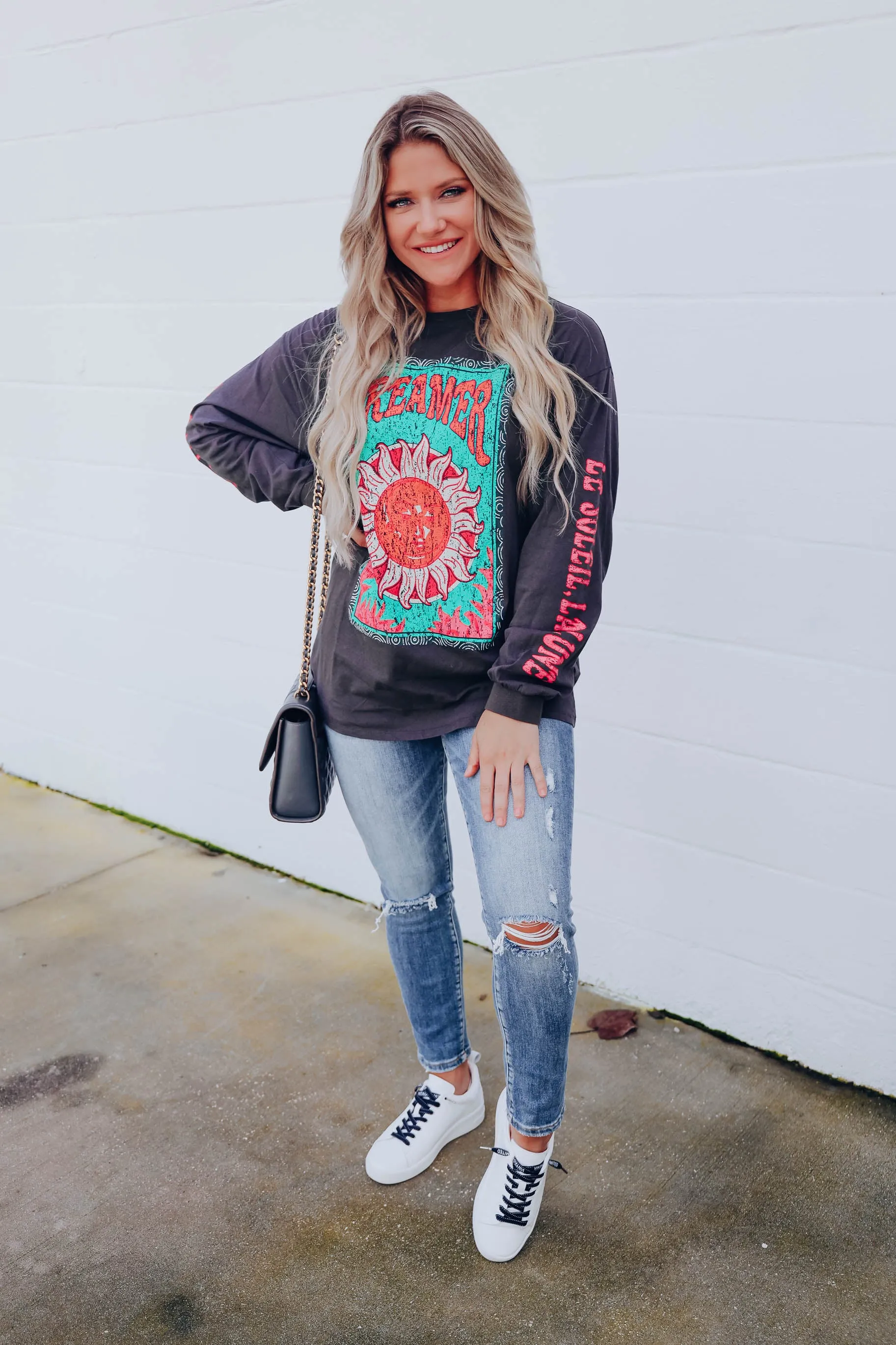 Dreamer Long Sleeve Graphic Tee- Charcoal