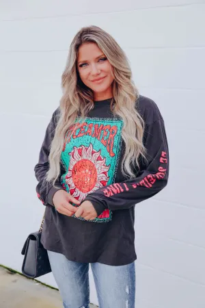 Dreamer Long Sleeve Graphic Tee- Charcoal