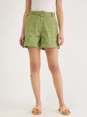 Elle Women Green Relaxed Fit Embroidered Shorts