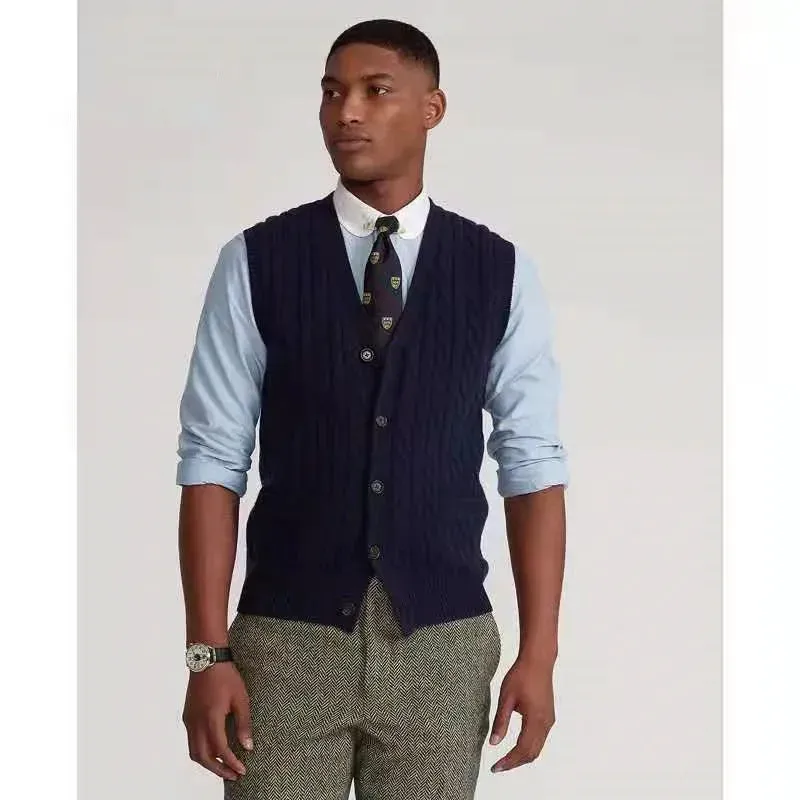 Fashionable men's designer sweater, European and American warm and slim fit casual V-neck sweater, embroidered sleeveless men's cardigan top