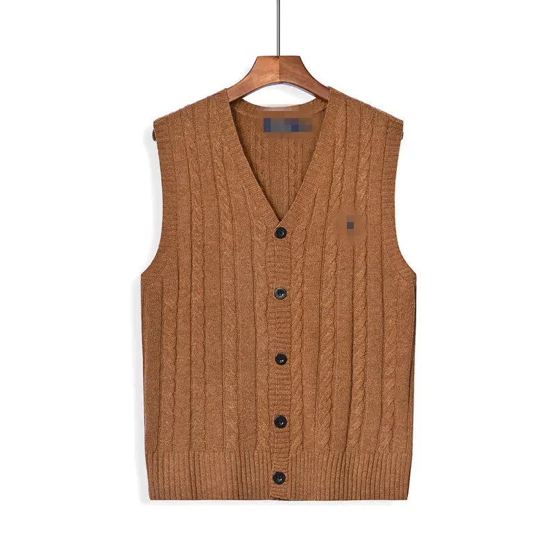 Fashionable men's designer sweater, European and American warm and slim fit casual V-neck sweater, embroidered sleeveless men's cardigan top