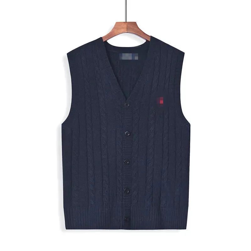 Fashionable men's designer sweater, European and American warm and slim fit casual V-neck sweater, embroidered sleeveless men's cardigan top