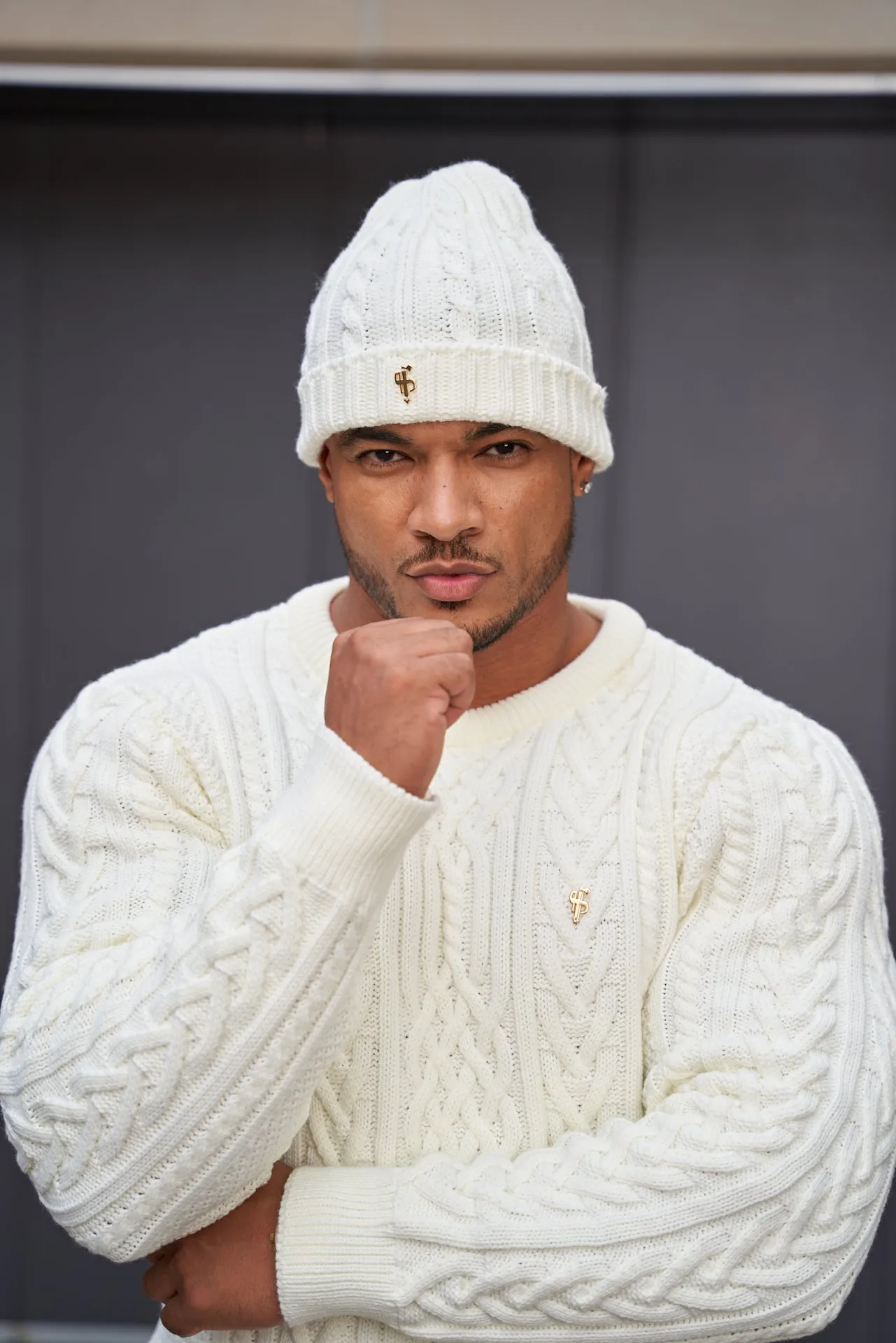 Father Sons Cream Twisted Braid Weave Super Slim Jumper With Gold Decal - FSJ034
