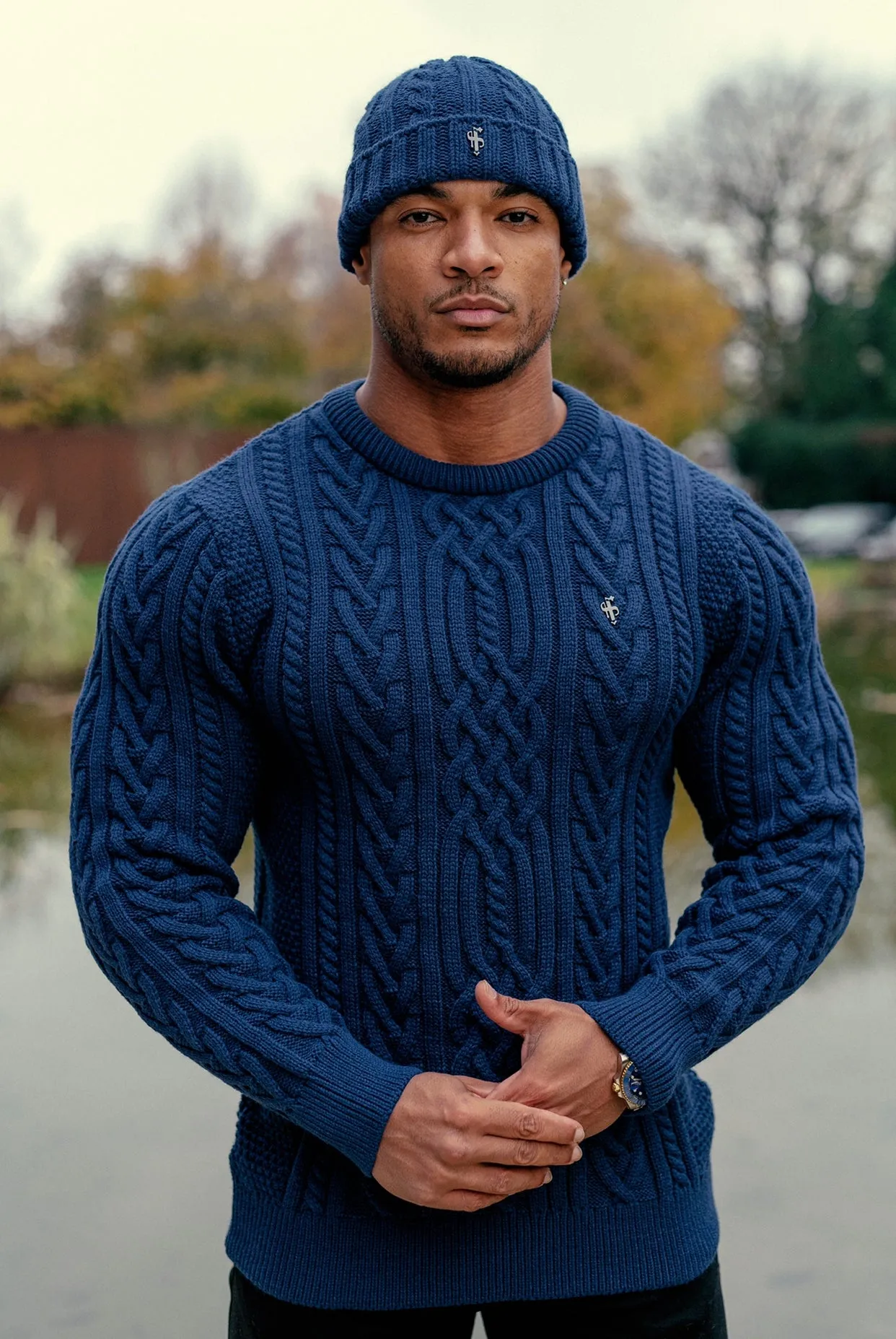 Father Sons Royal Blue Twisted Braid Weave Super Slim Jumper With Gunmetal Decal - FSJ042