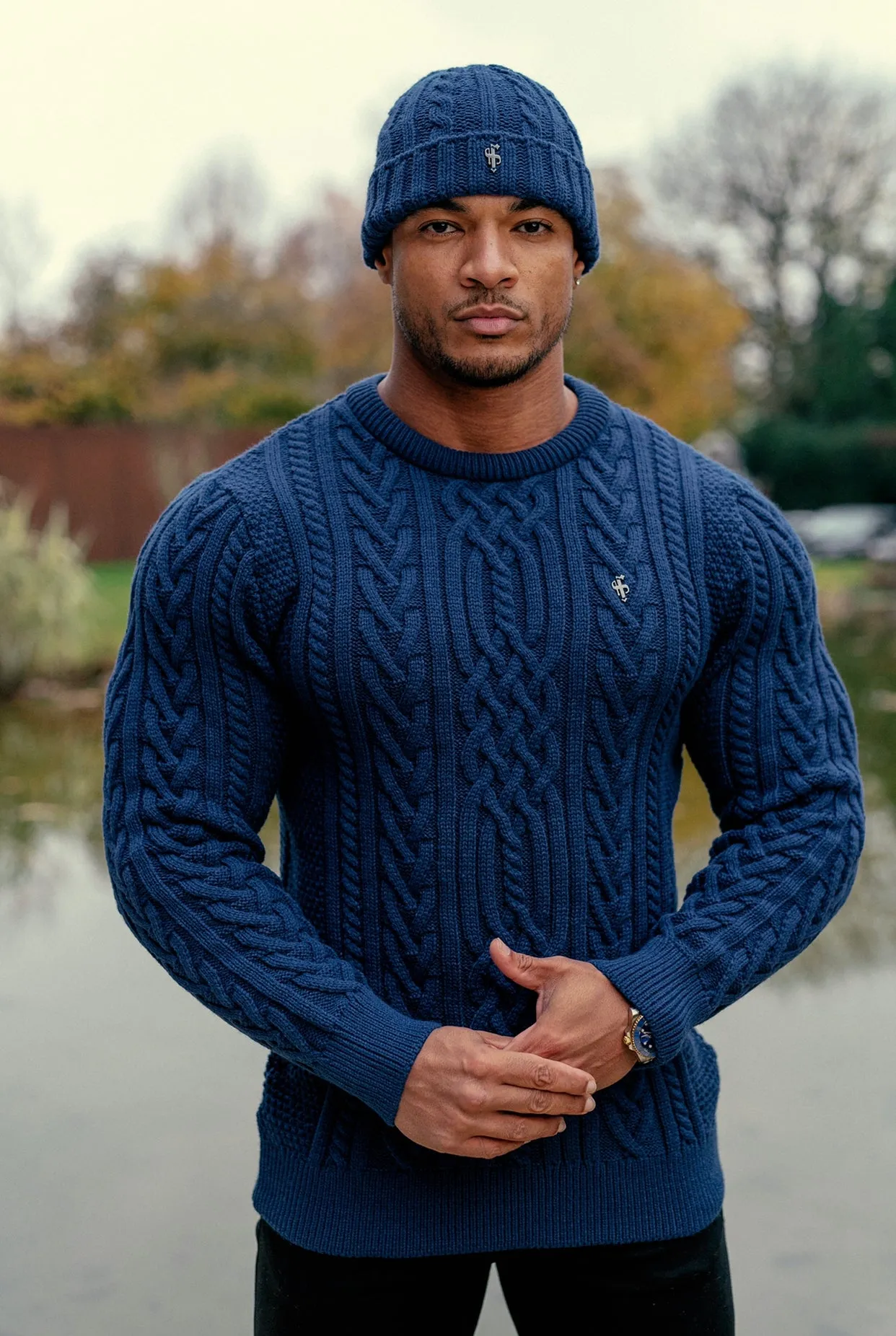 Father Sons Royal Blue Twisted Braid Weave Super Slim Jumper With Gunmetal Decal - FSJ042