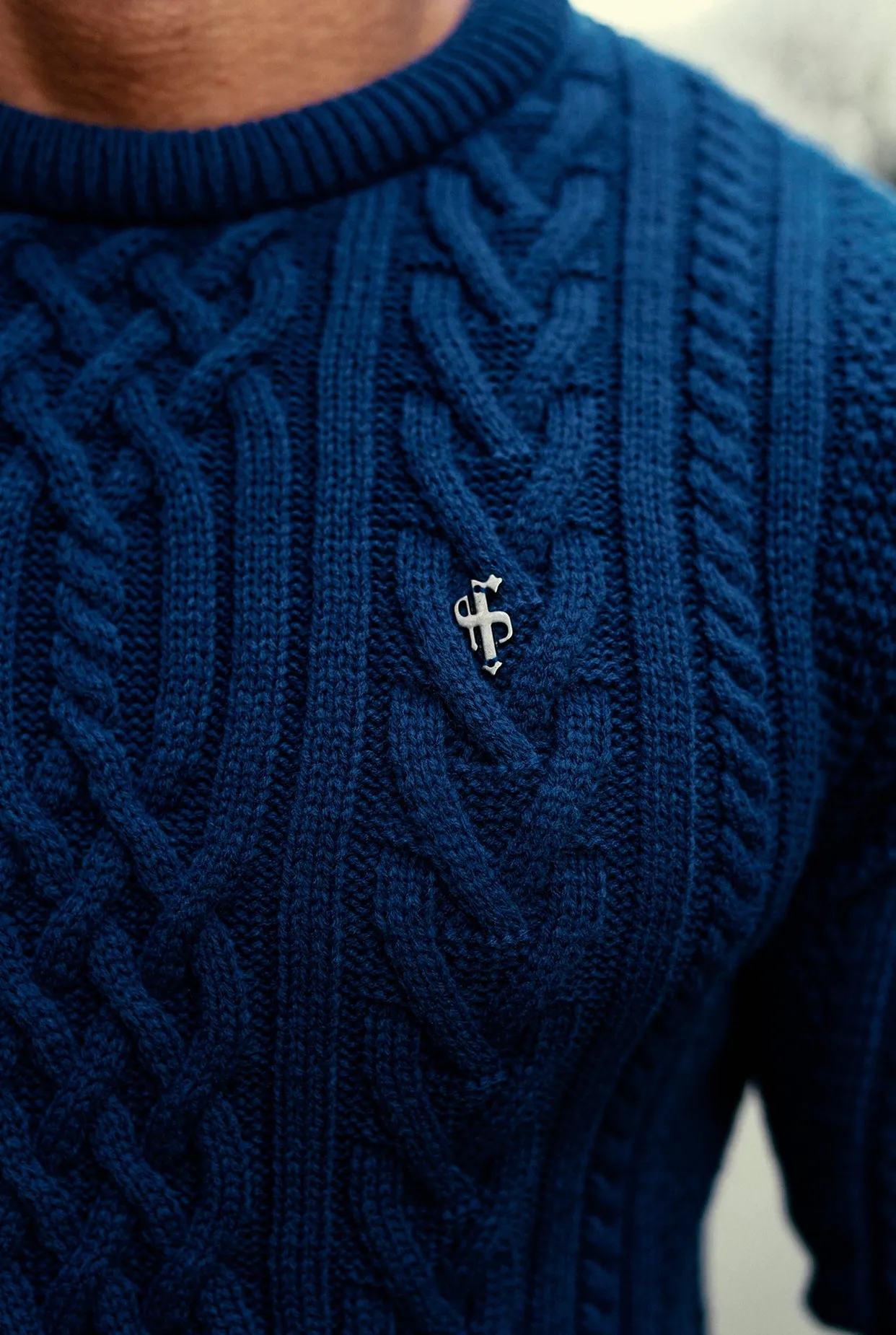 Father Sons Royal Blue Twisted Braid Weave Super Slim Jumper With Gunmetal Decal - FSJ042