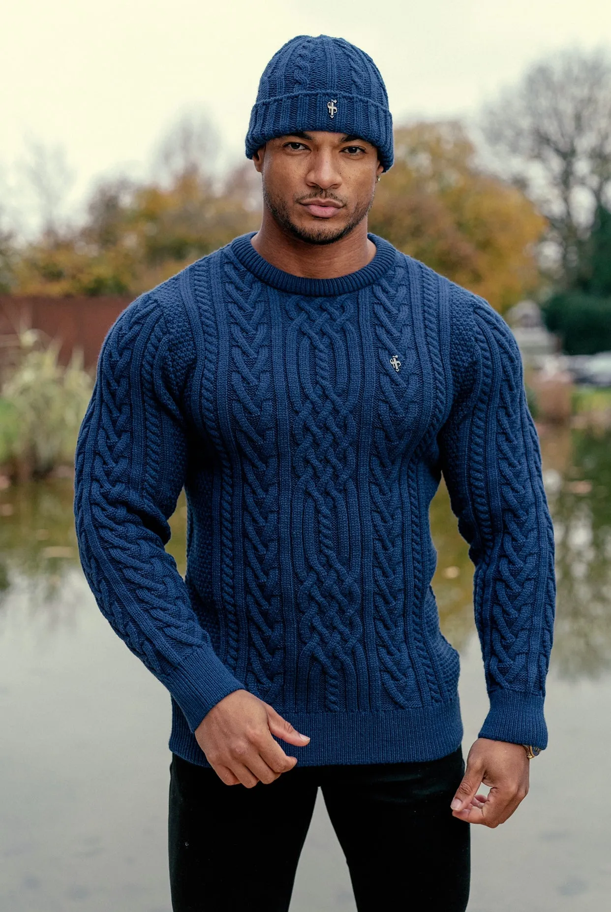 Father Sons Royal Blue Twisted Braid Weave Super Slim Jumper With Gunmetal Decal - FSJ042