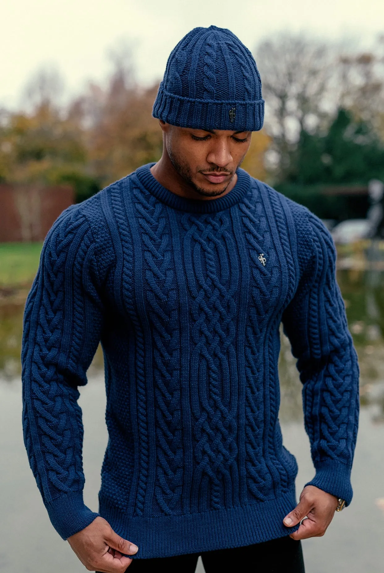 Father Sons Royal Blue Twisted Braid Weave Super Slim Jumper With Gunmetal Decal - FSJ042