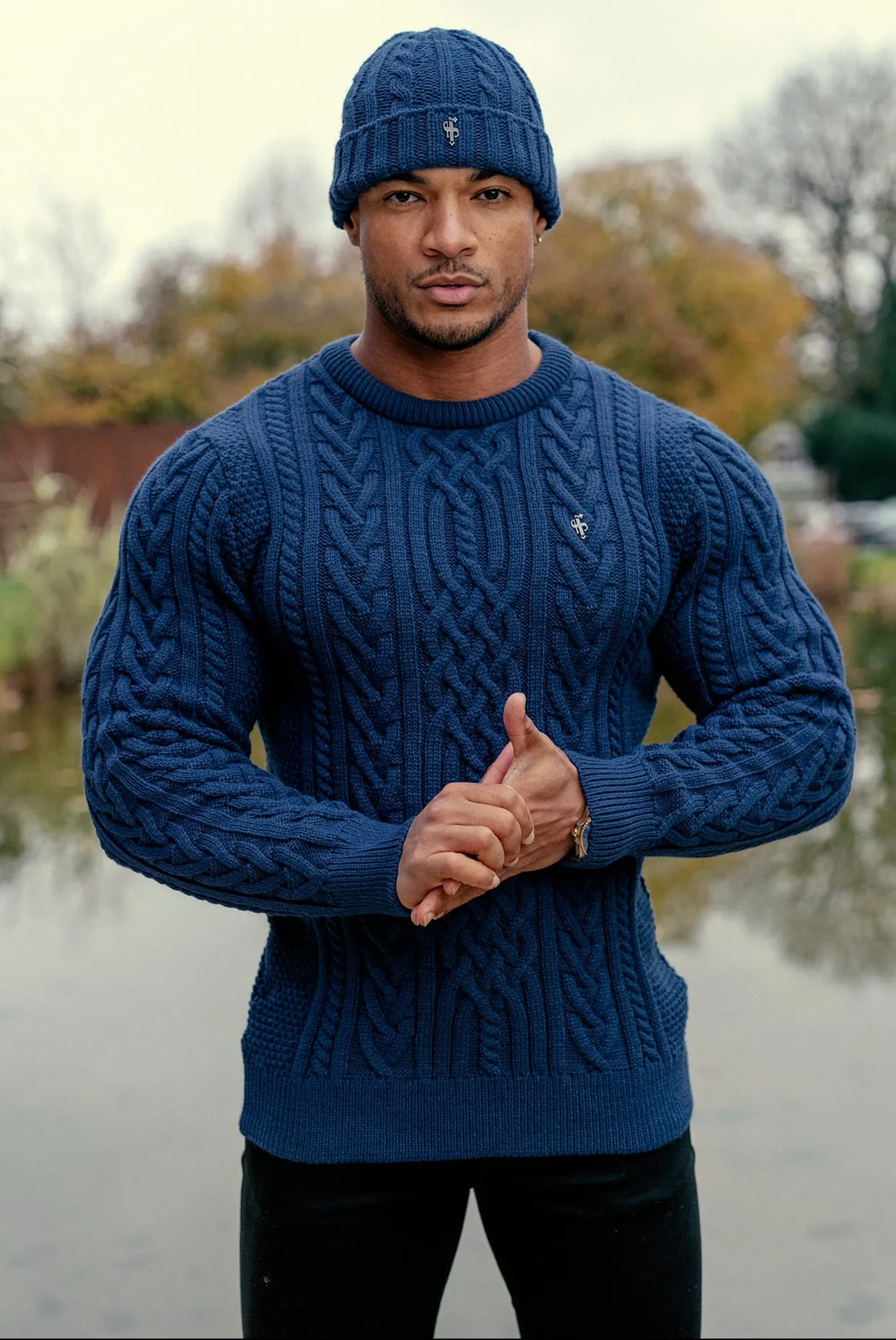 Father Sons Royal Blue Twisted Braid Weave Super Slim Jumper With Gunmetal Decal - FSJ042