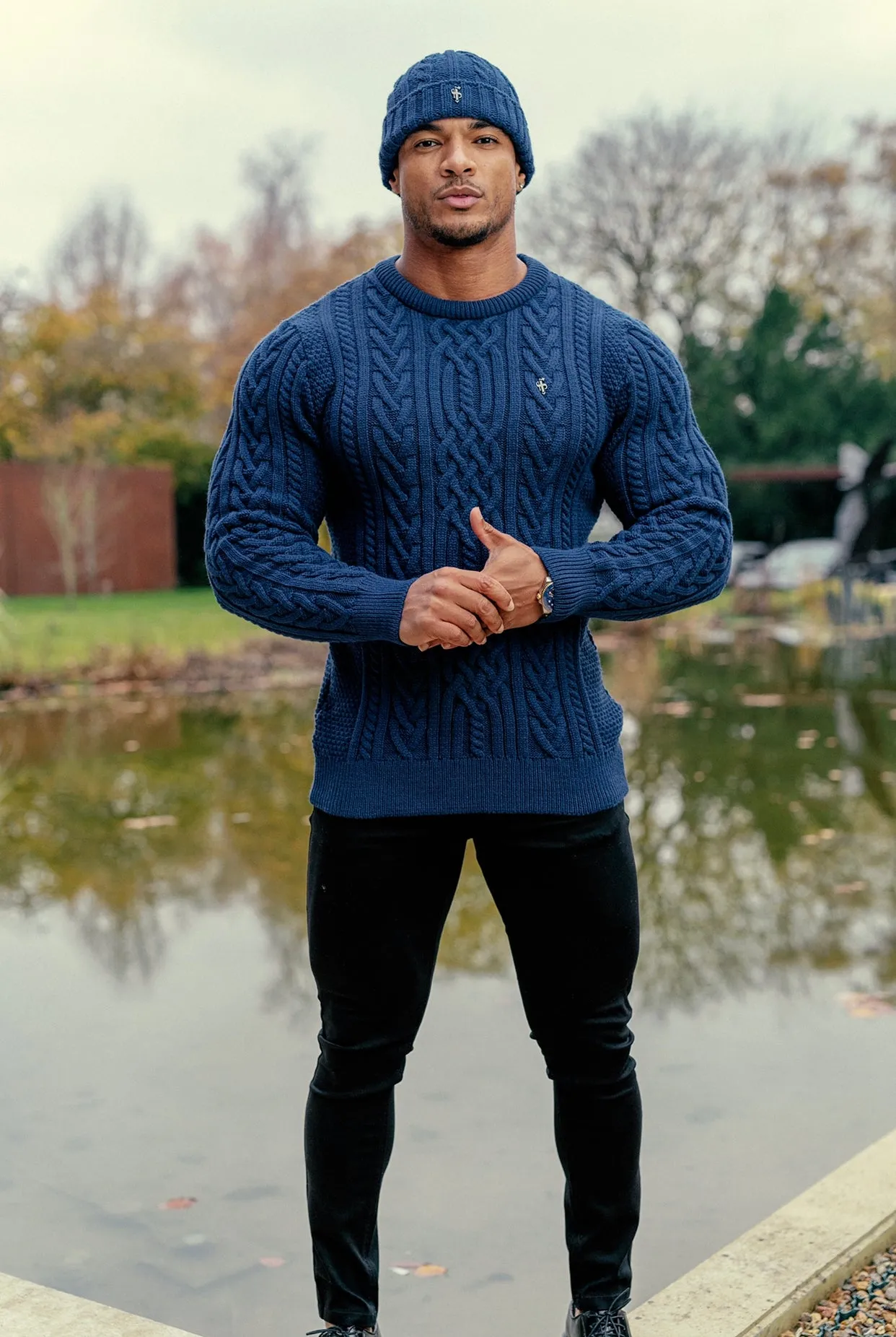 Father Sons Royal Blue Twisted Braid Weave Super Slim Jumper With Gunmetal Decal - FSJ042