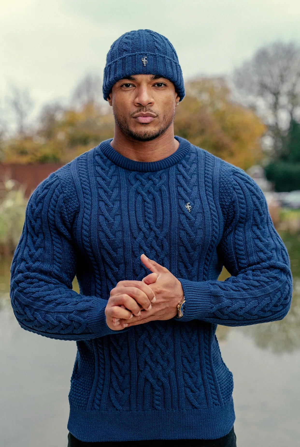 Father Sons Royal Blue Twisted Braid Weave Super Slim Jumper With Gunmetal Decal - FSJ042