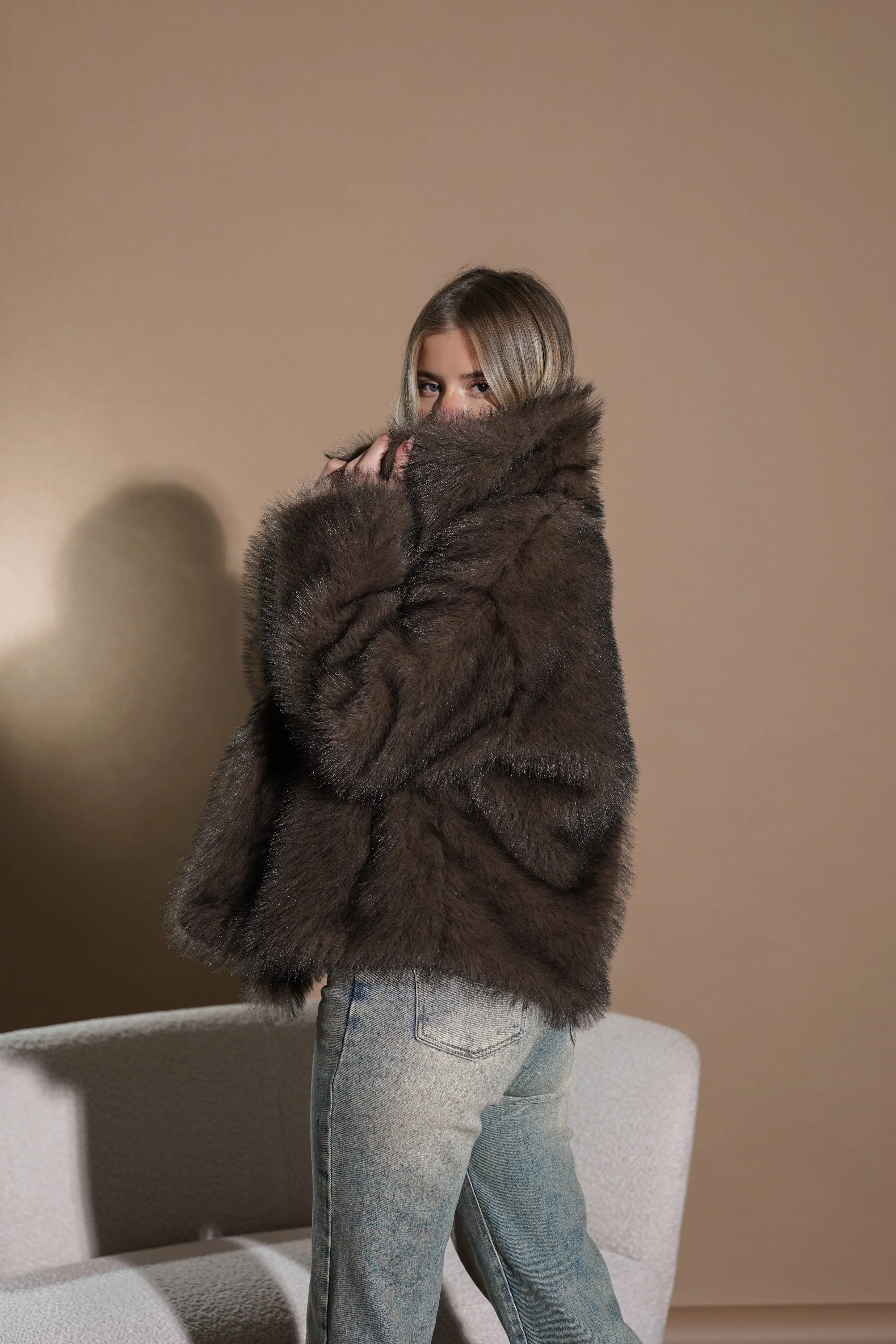 Faux fur jas kort bruin - Elly