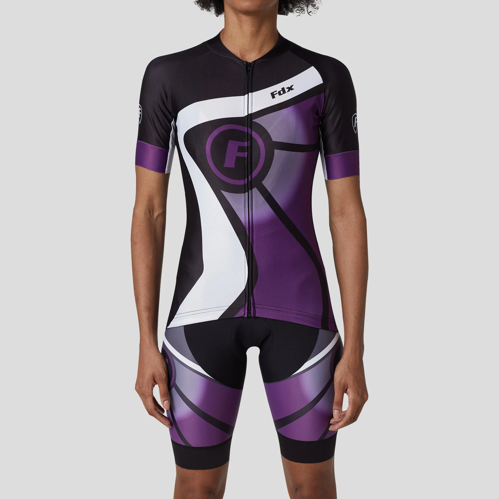 Fdx Women's & Girl's Set Signature Purple Short Sleeve Cycling Jersey & Bib Shorts