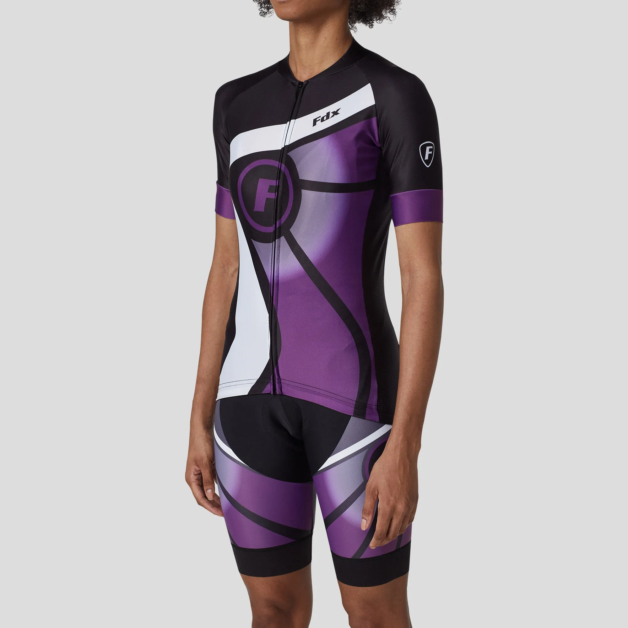 Fdx Women's & Girl's Set Signature Purple Short Sleeve Cycling Jersey & Bib Shorts