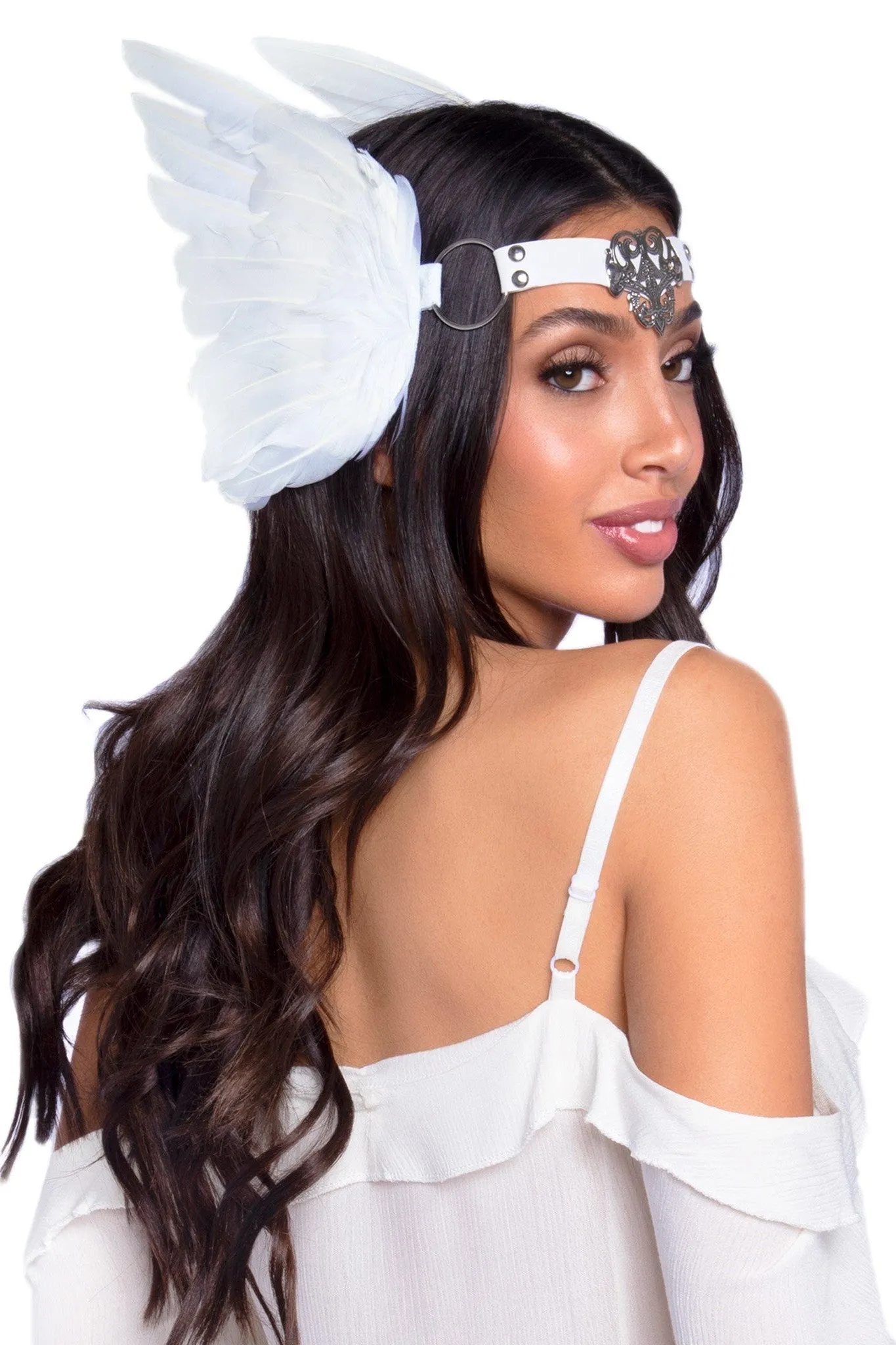Feather Headband With O-Ring And Metal Filigree Medallion Accent
