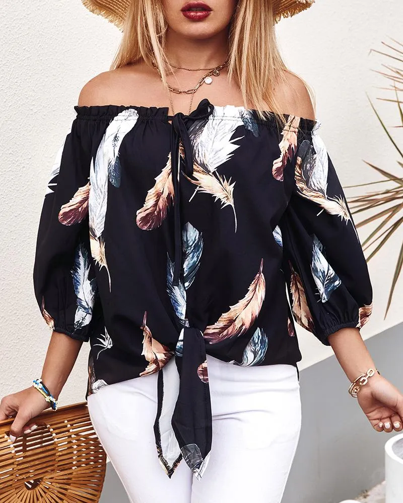 Feather Print Tied Detail Off Shoulder Top