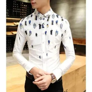 Funny Feather Print Slimming Shirt Collar Long Sleeves Button-Down Shirt For Men - White Xl