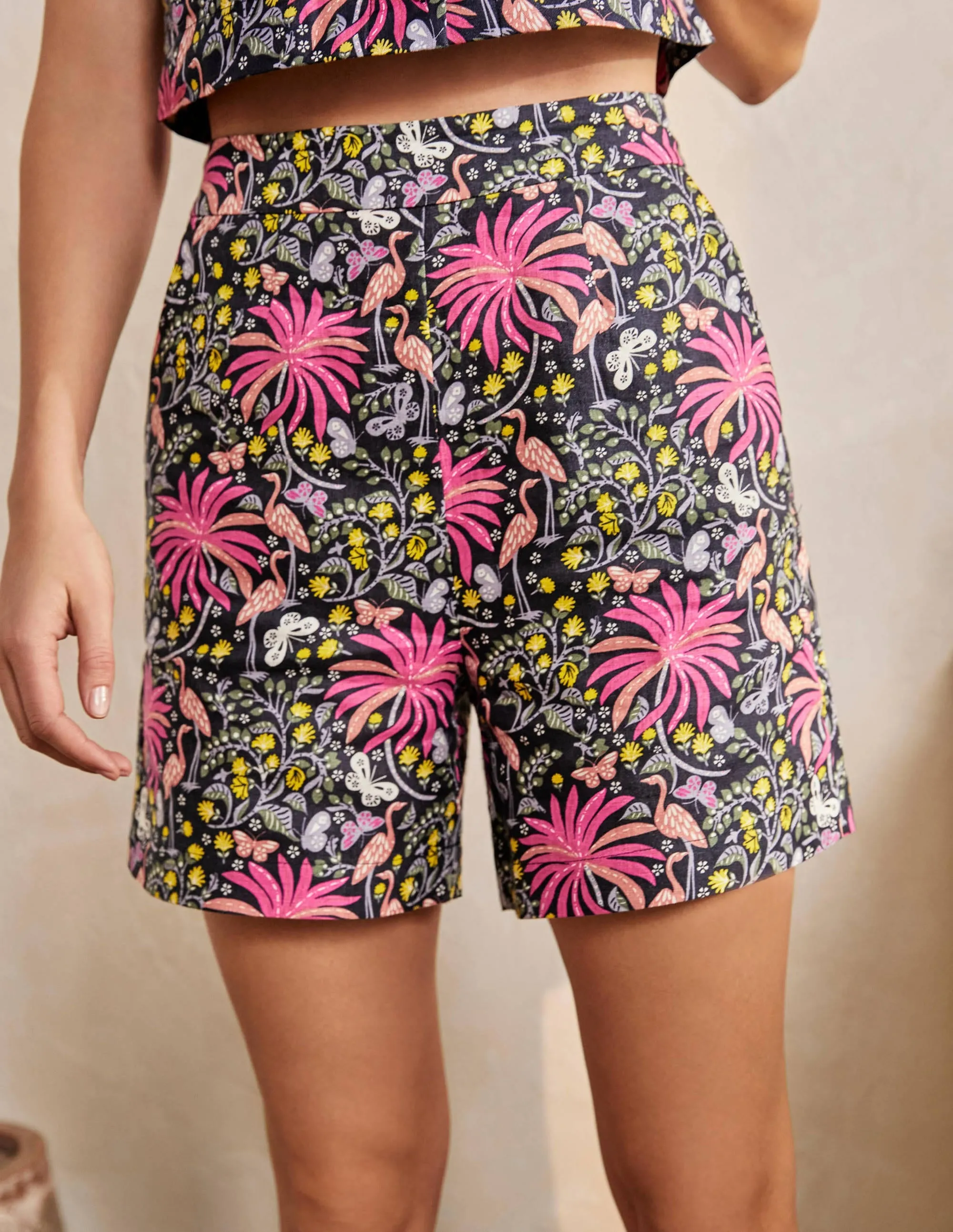 Georgina Linen Shorts-Navy, Tropical Charm