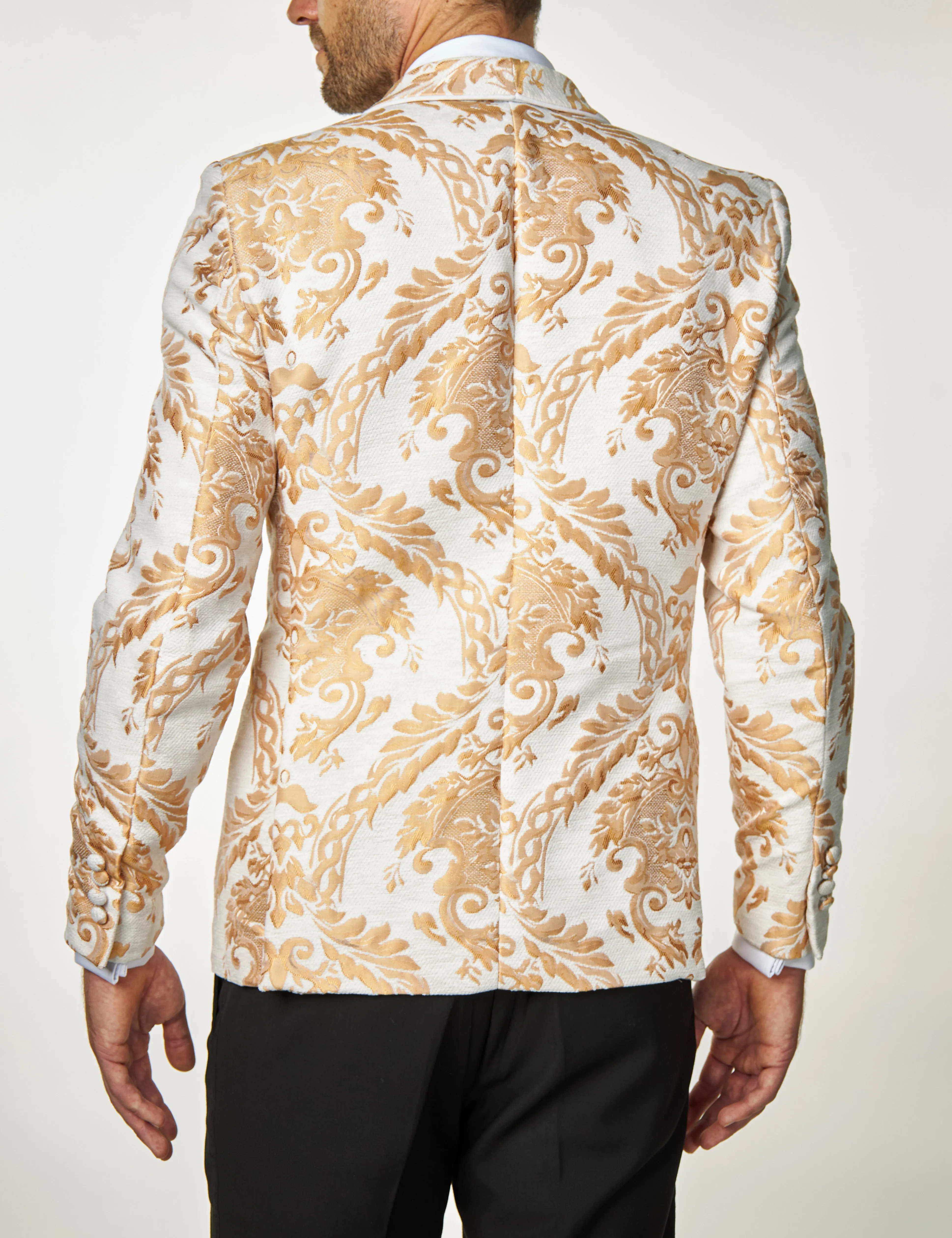 GLEN - Peach Paisley Brocade Print on Ivory Cream Jacquard Jacket