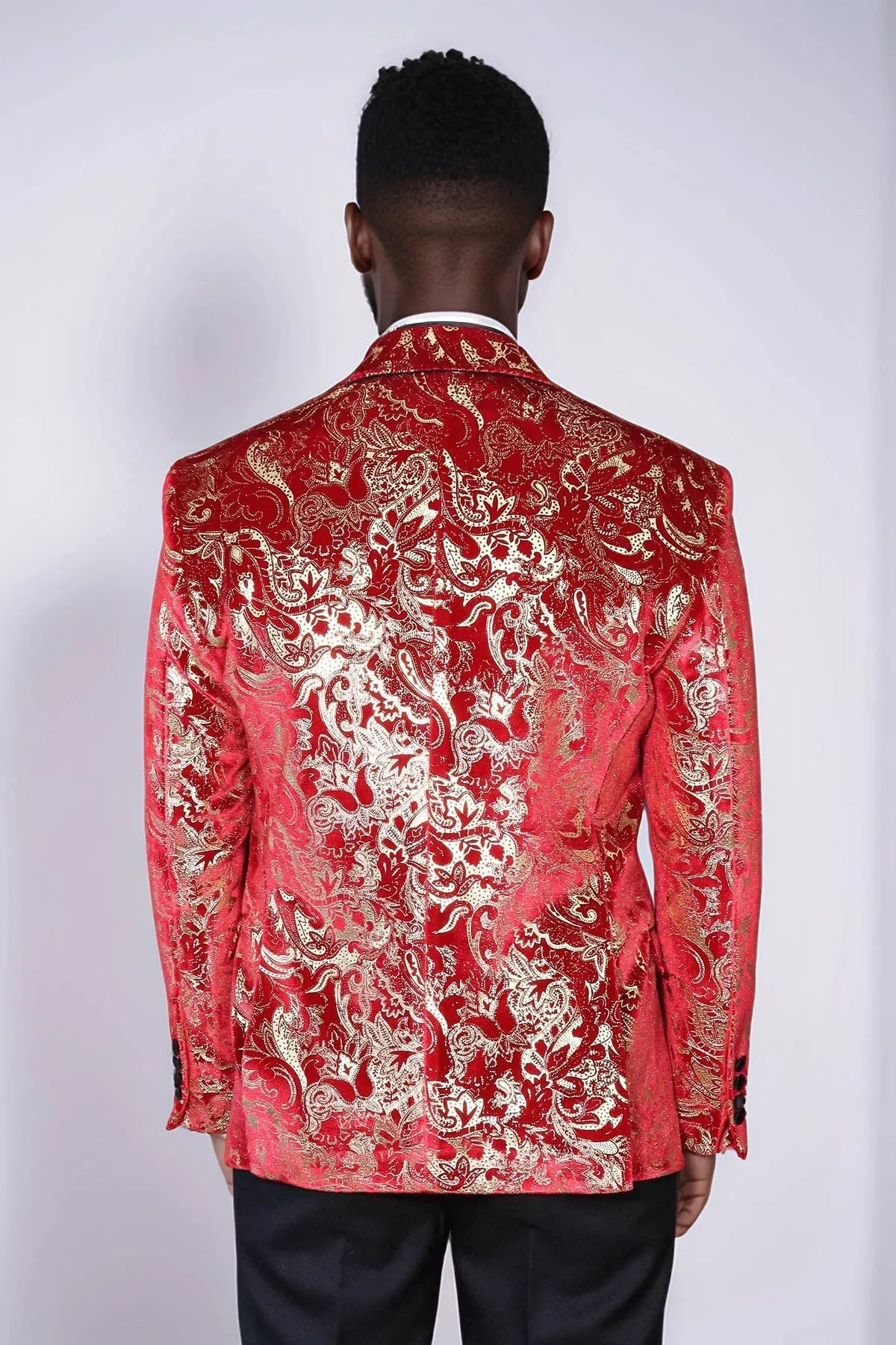 Gold Patterned Over Red Men Prom Blazer - Wessi