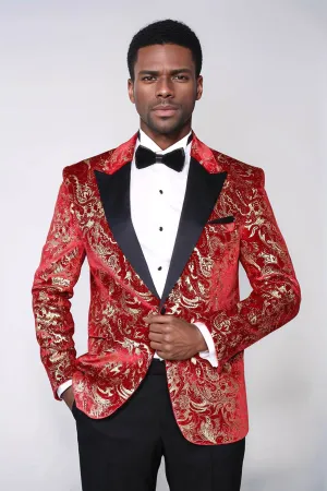 Gold Patterned Over Red Men Prom Blazer - Wessi