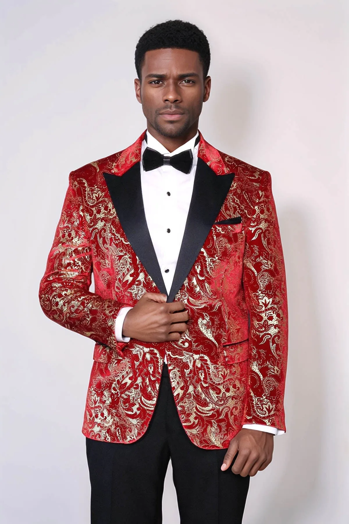 Gold Patterned Over Red Men Prom Blazer - Wessi