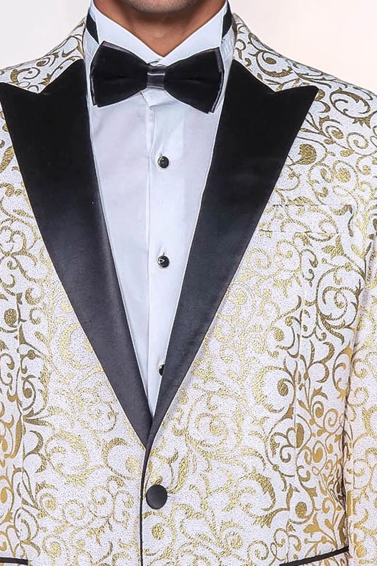 Gold Scroll Patterned Over White Men Prom Blazer - Wessi
