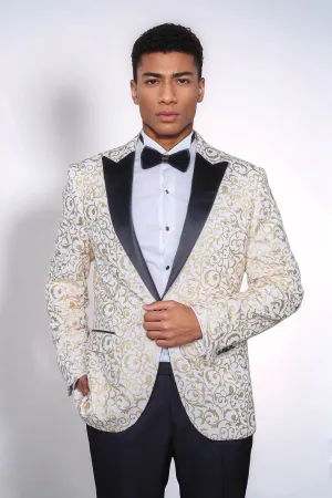 Gold Scroll Patterned Over White Men Prom Blazer - Wessi