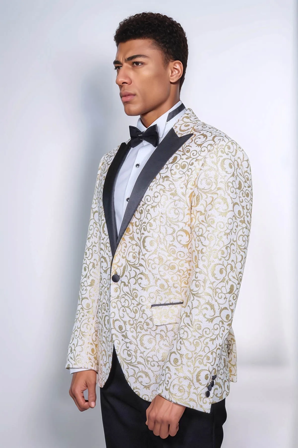 Gold Scroll Patterned Over White Men Prom Blazer - Wessi