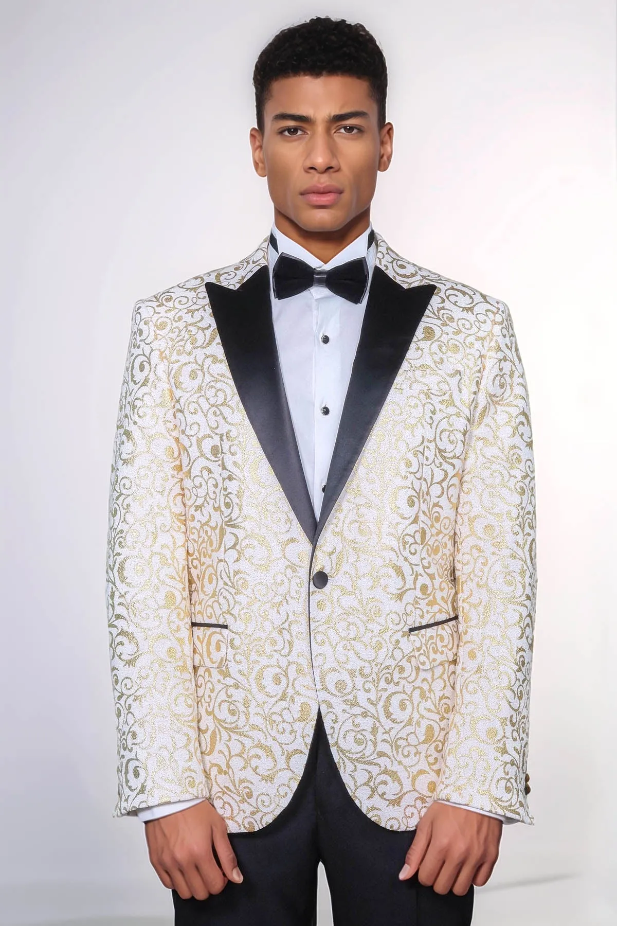 Gold Scroll Patterned Over White Men Prom Blazer - Wessi