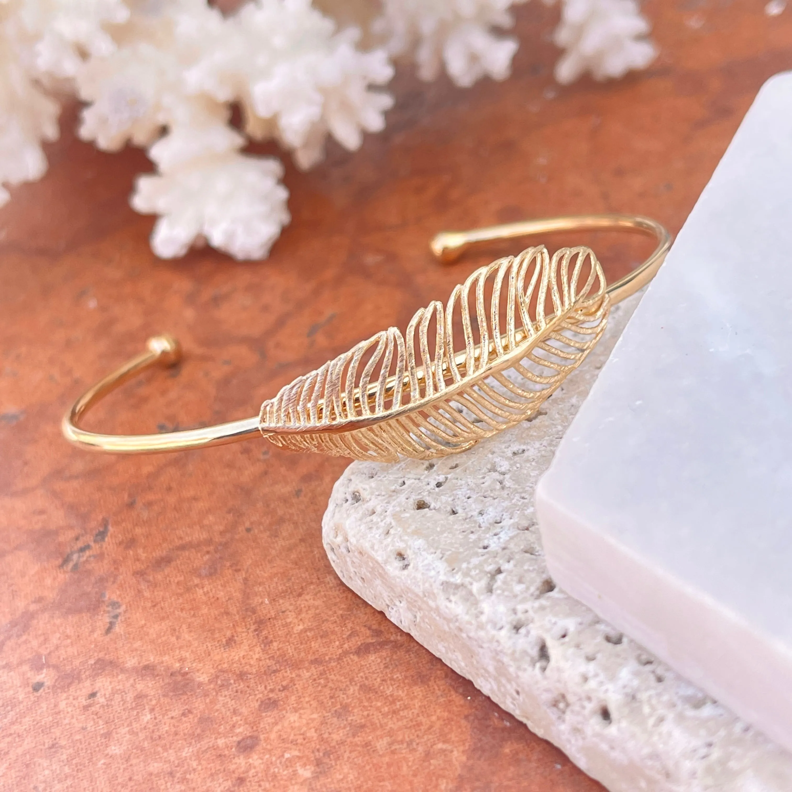 Gold Tone Sterling Silver Horizontal Leaf Bangle Cuff Bracelet