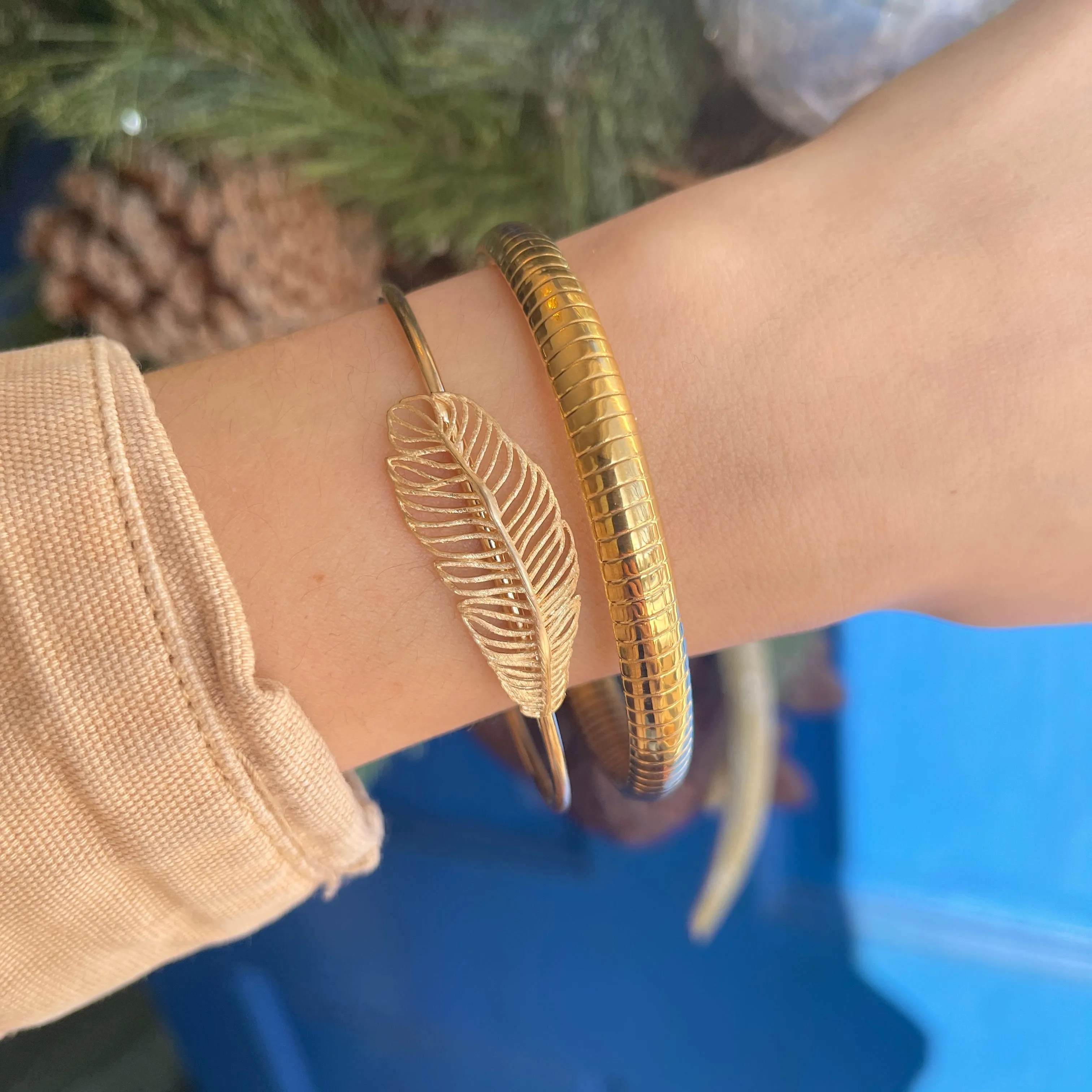 Gold Tone Sterling Silver Horizontal Leaf Bangle Cuff Bracelet
