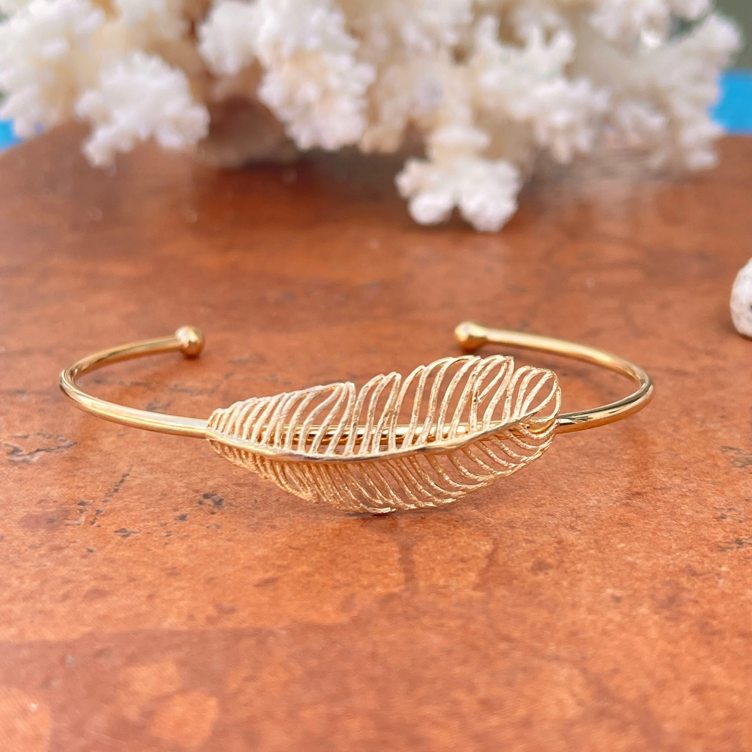 Gold Tone Sterling Silver Horizontal Leaf Bangle Cuff Bracelet