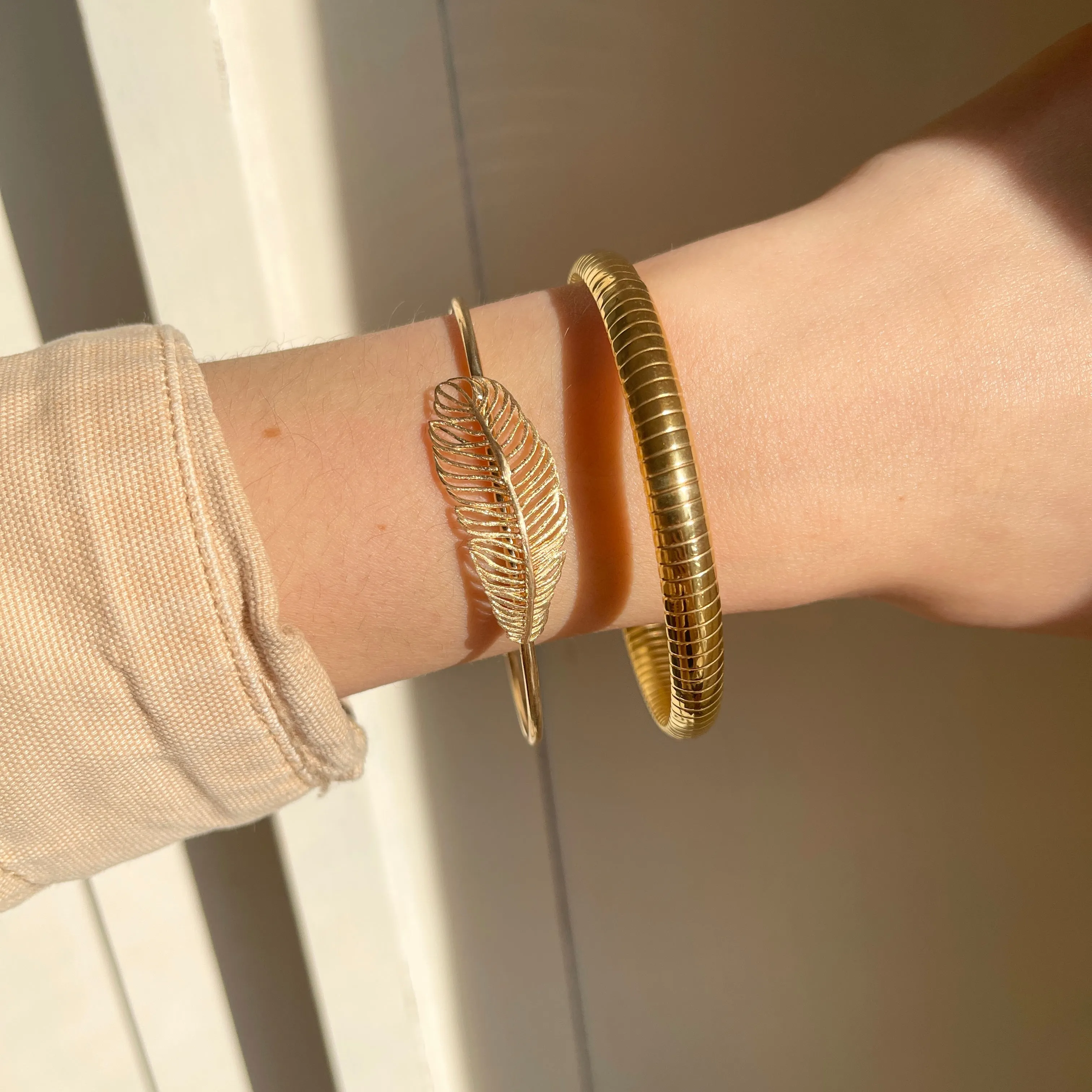 Gold Tone Sterling Silver Horizontal Leaf Bangle Cuff Bracelet