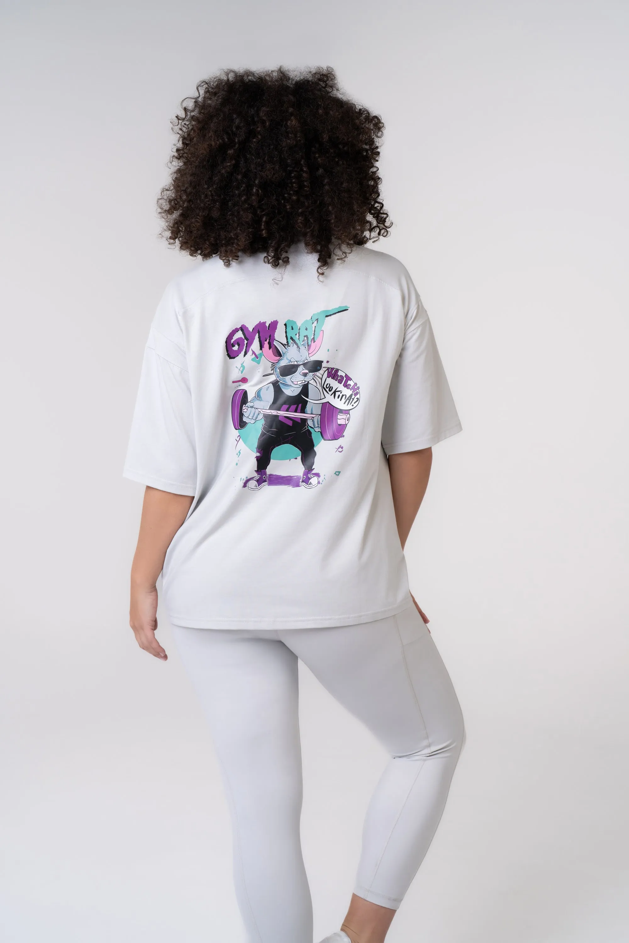 Graphic Oversized Tee - Gym Rat - Poppy Seed Grey