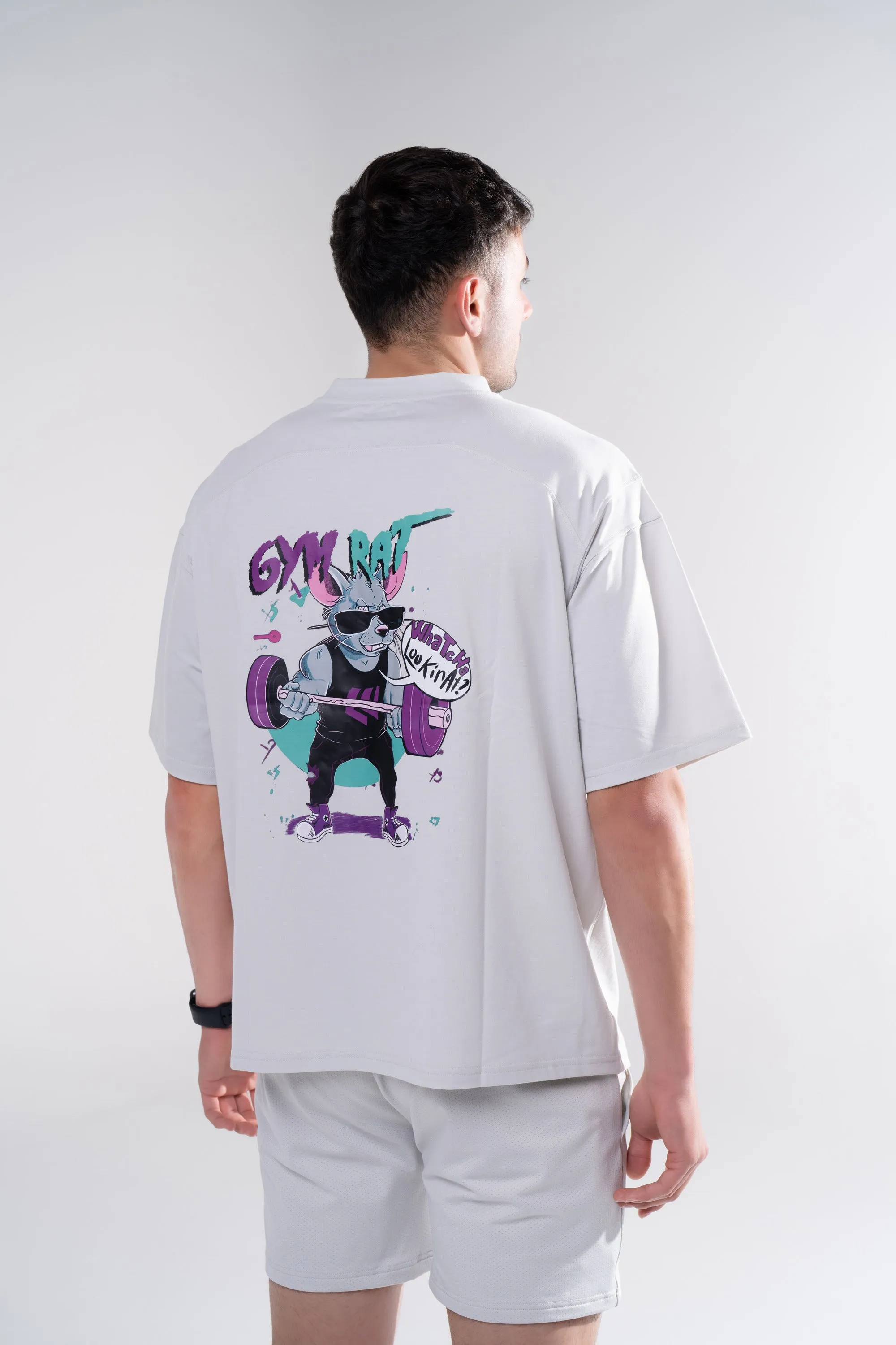 Graphic Oversized Tee - Gym Rat - Poppy Seed Grey