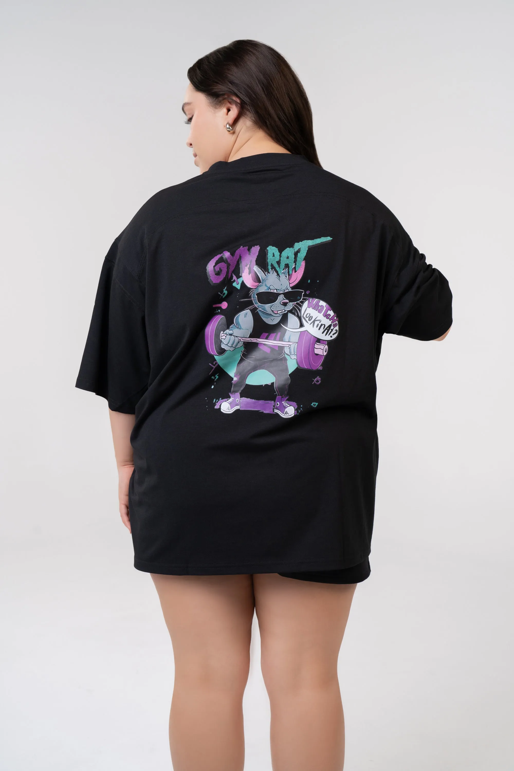 Graphic Oversized Tee - Gym Rat - Poppy Seed Grey