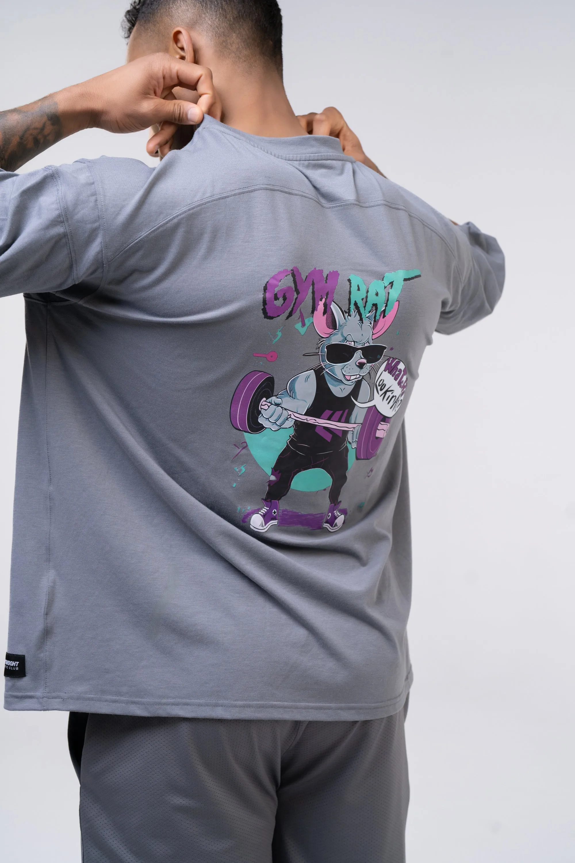 Graphic Oversized Tee - Gym Rat - Poppy Seed Grey