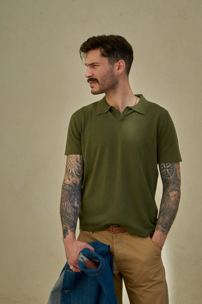 GRP Knitwear Open-Collar-Polo BL 10 Cotton/Linen Green