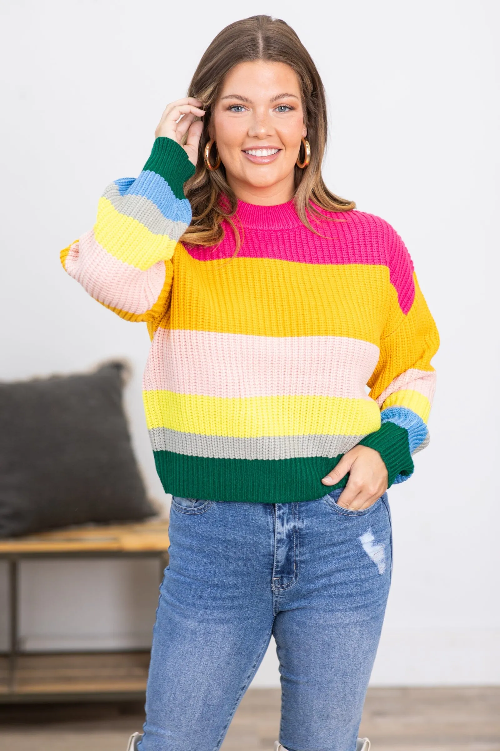 Hot Pink and Yellow Multicolor Stripe Sweater