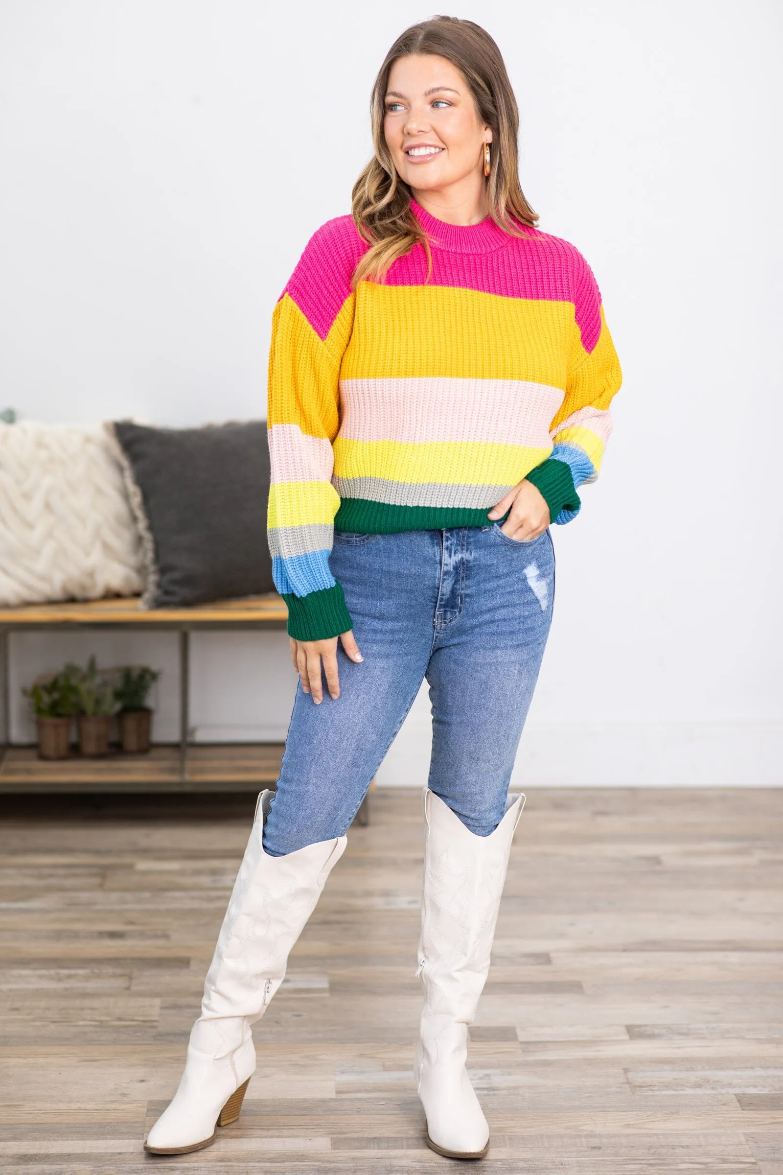 Hot Pink and Yellow Multicolor Stripe Sweater