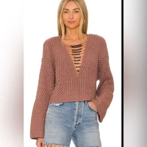 House of Harlow 1960 L Revolve Paulina Beaded Knit Pullover Boxy Crop Bohemian