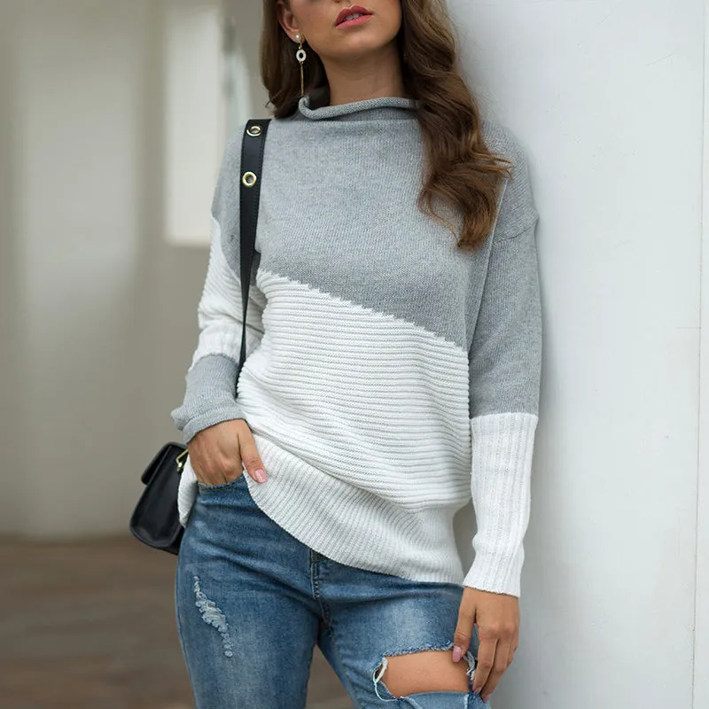 Irregular Sleeve Curling Half-high Collar Hit Color Pullover Sweater